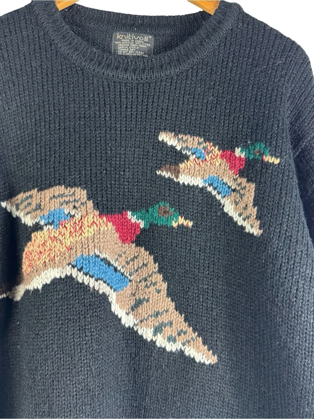 Vintage 80s Flying Mallard Ducks Knit Black Sweater Ralph Lauren Inspired Sz 44